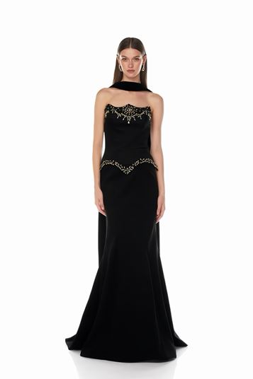 Schwarzes  mit Meerjungfrauenschnitt verziertes Abendkleid